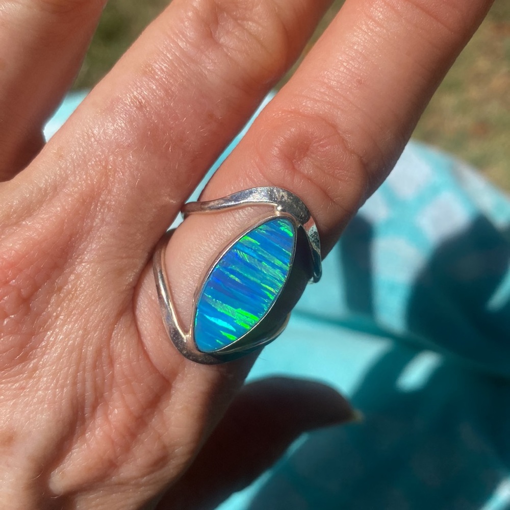 Large gorgeous sterling and aqua fire opal ring